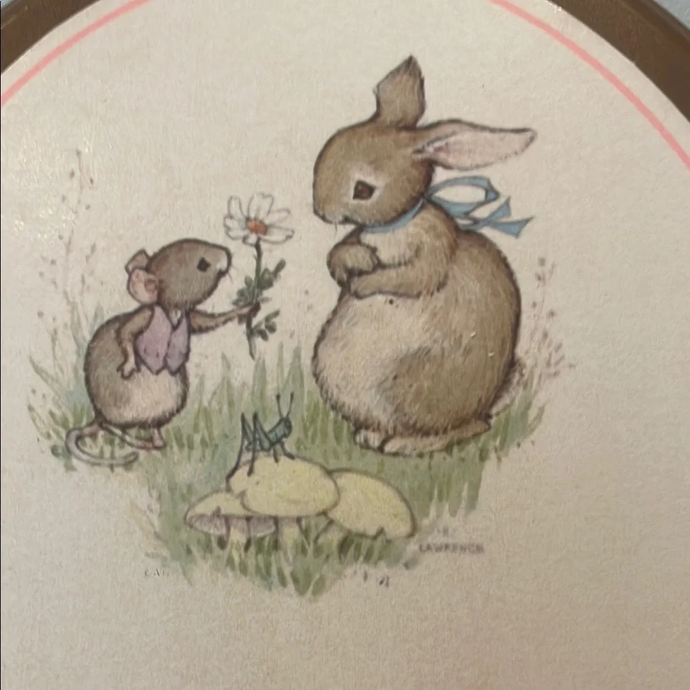 Charming Brown Oval Wall Decor with Bunny & mouse Illustration